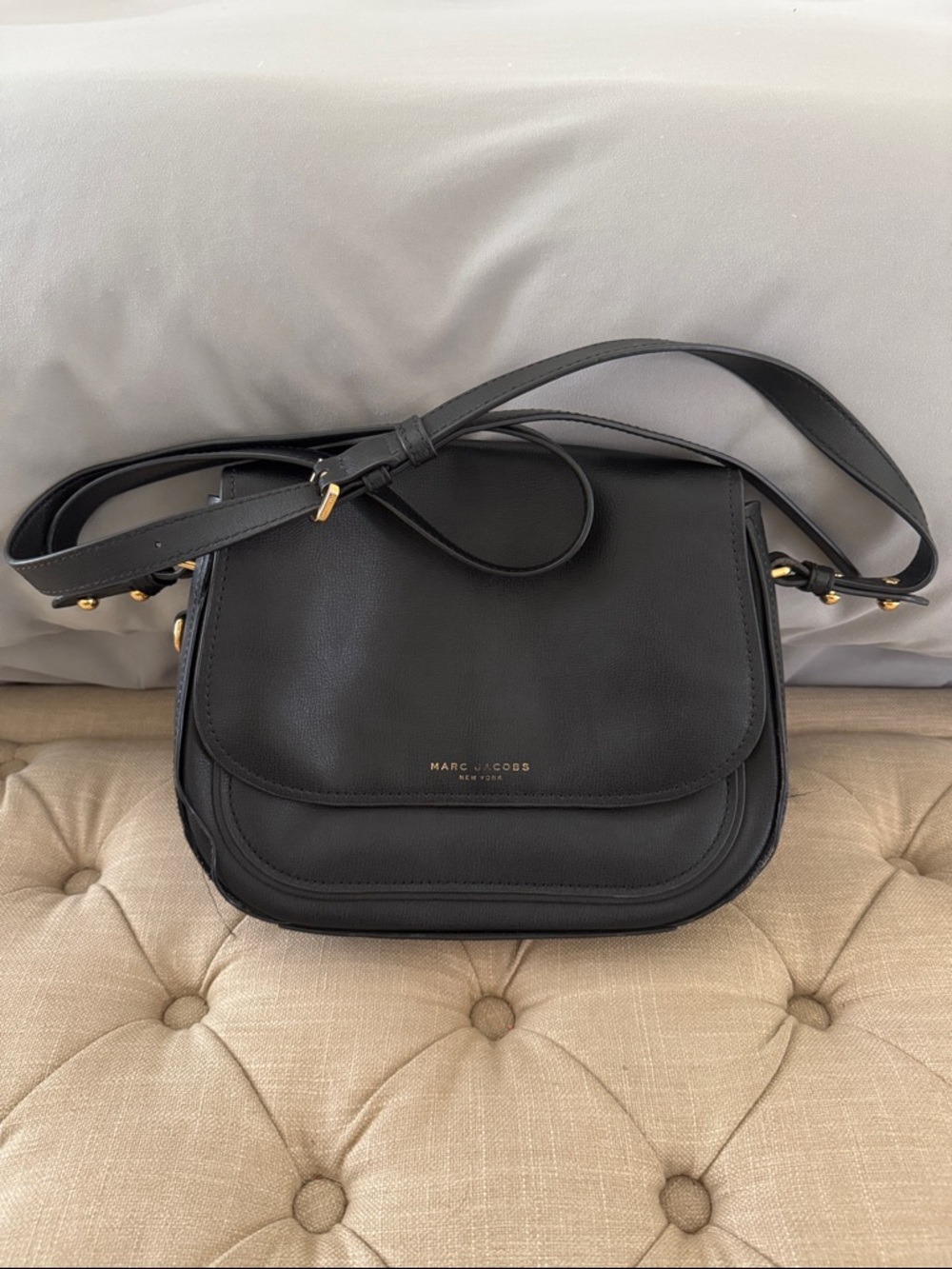 Marc Jacobs Black Leather Flap Crossbody with Gold Hardware